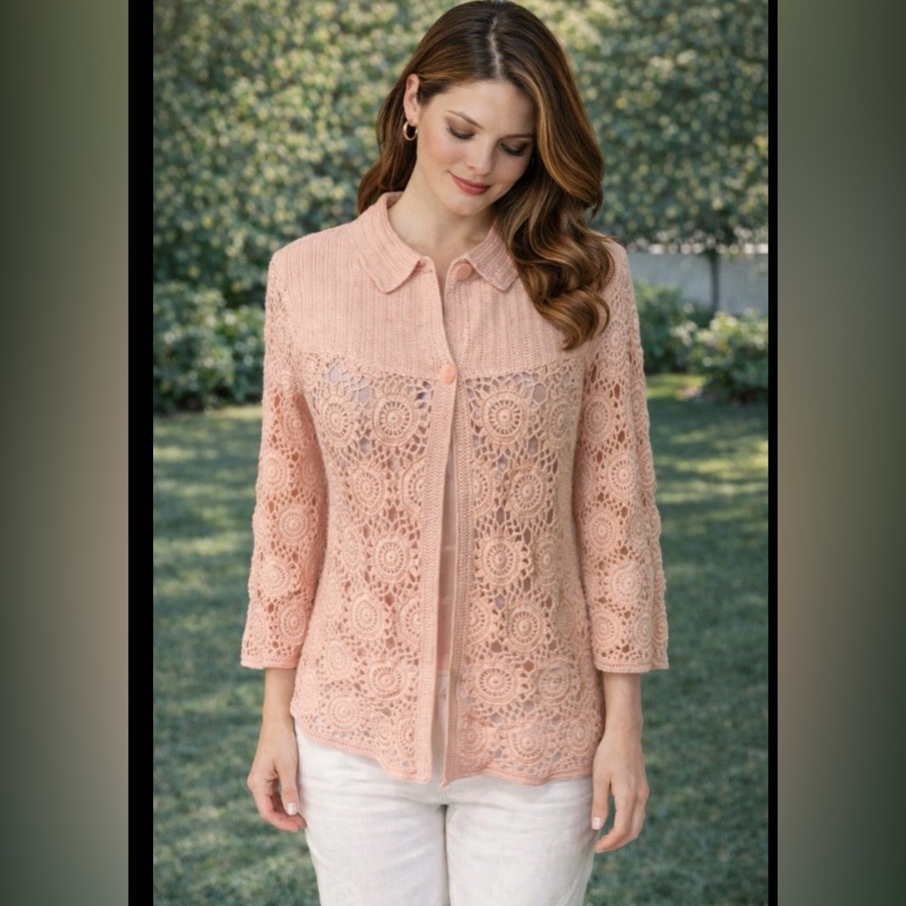 Talbots Womens Cardigan Sweater PM Pink Crochet Lace Cotton Cottagecore Romantic